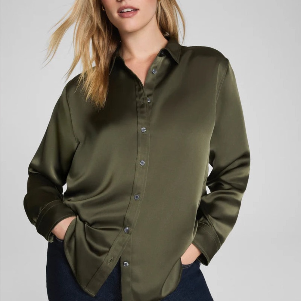 SPANX BETTER THAN SILK BUTTON DOWN Color Dark Pine Green Womens size Small NWT